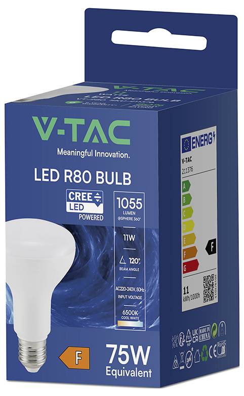 Confezione di lampadina LED V-TAC R80, che mostra l'equivalente di 75W, 11W, 1055 lumen, bianco freddo 6500K e classe di efficienza energetica F.