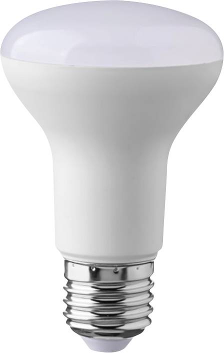 Lampadina LED bianca con una testa ampia e a cupola e base a vite metallica su uno sfondo neutro.