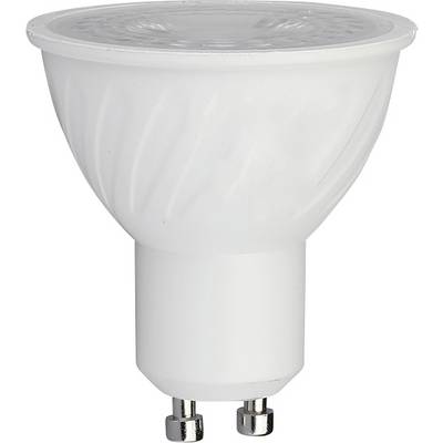 Lampadina spotlight LED bianca con base a due piedini, ripresa su uno sfondo neutro.