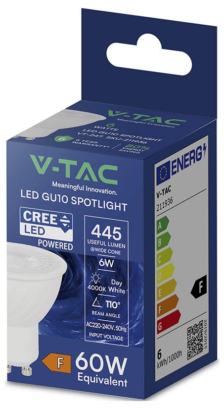 Scatola di lampadina riflettore LED V-TAC GU10, 6W, 445 lumen, bianco 4000K, equivalente a 60W, con classe energetica F.