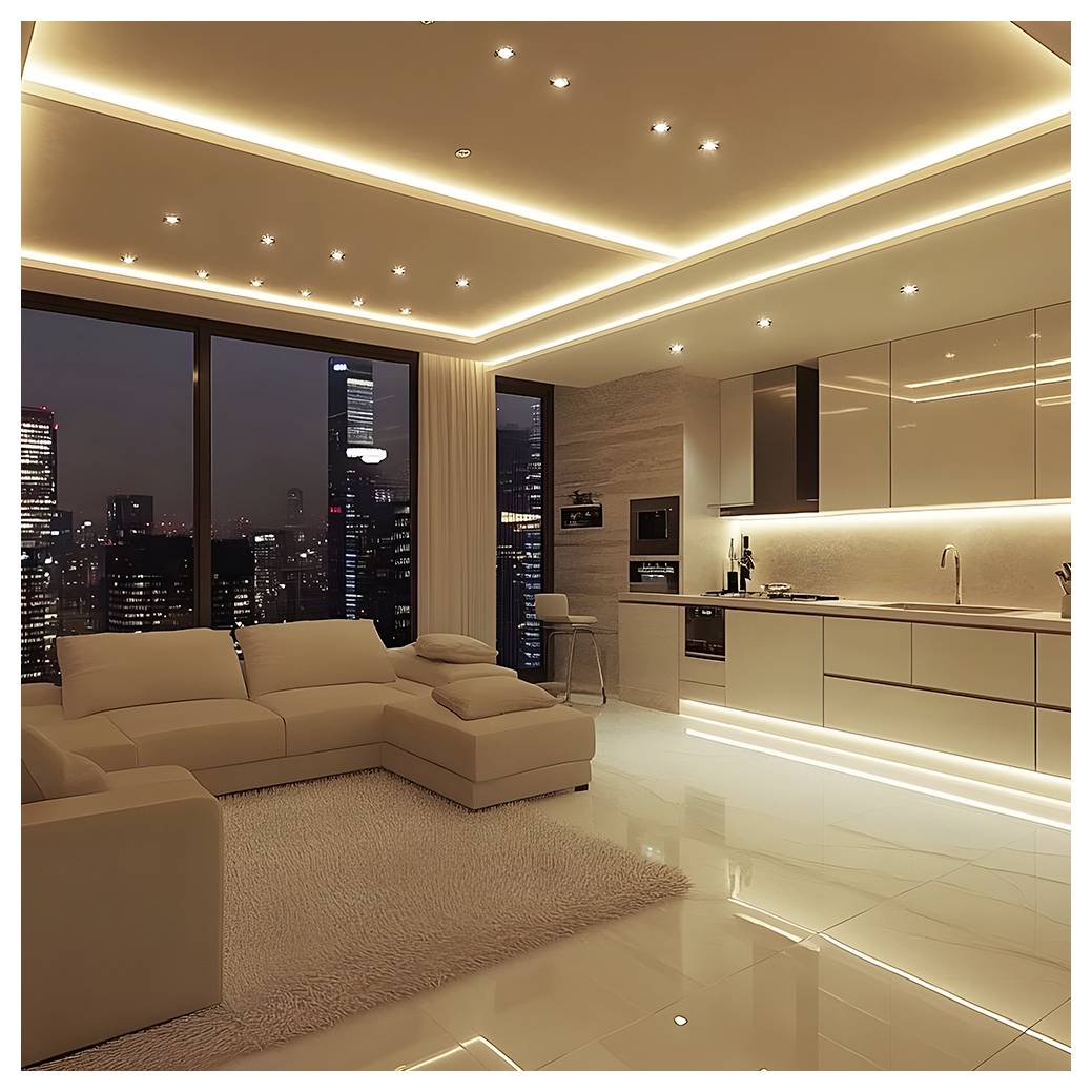 Moderno appartamento open-space con divano componibile beige e cucina elegante, illuminato da strisce LED calde, con vista sullo skyline della città di notte.