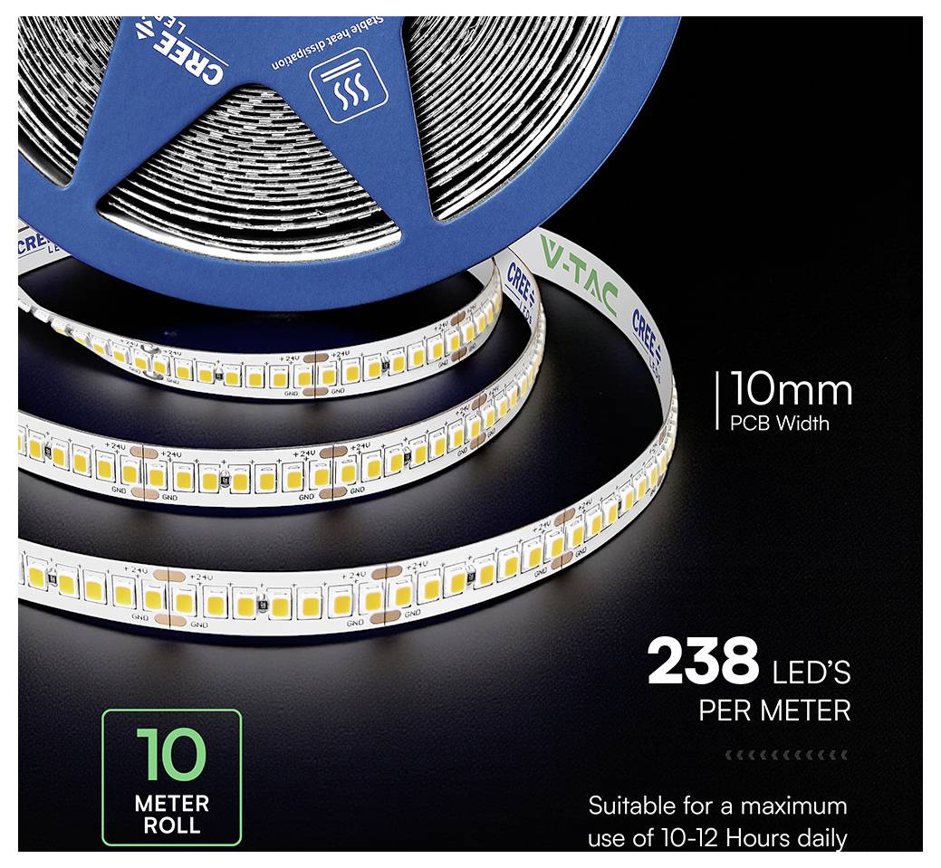 Immagine del prodotto di un rotolo di striscia LED etichettato "Larghezza PCB 10mm" e "238 LED per metro", "rotolo da 10 metri", adatto per un uso giornaliero di 10-12 ore.