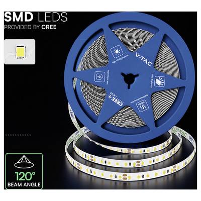 Immagine del prodotto di illuminazione a strisce LED SMD su una bobina, etichettata "fornito da CREE" e "angolo di fascio di 120°".