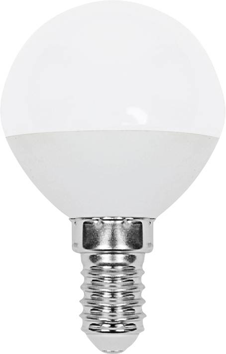 Una lampadina compatta a globo satinato con base a vite metallica su sfondo bianco.