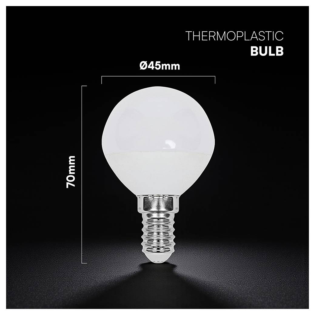 Immagine del prodotto di una lampadina in termoplastica etichettata "LAMPADINA IN TERMOPLASTICA", che mostra le dimensioni 45 mm di larghezza e 70 mm di altezza su uno sfondo nero.