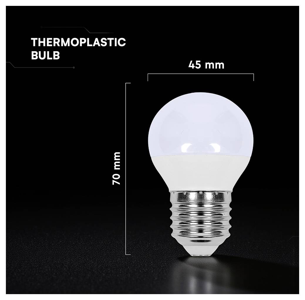 Lampadina in termoplastica mostrata su sfondo nero con dimensioni indicate: 70 mm di altezza e 45 mm di larghezza.