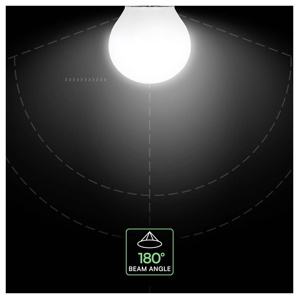 Diagramma di una lampadina che mostra un angolo di fascio di 180° con un'ampia diffusione illuminata verso il basso