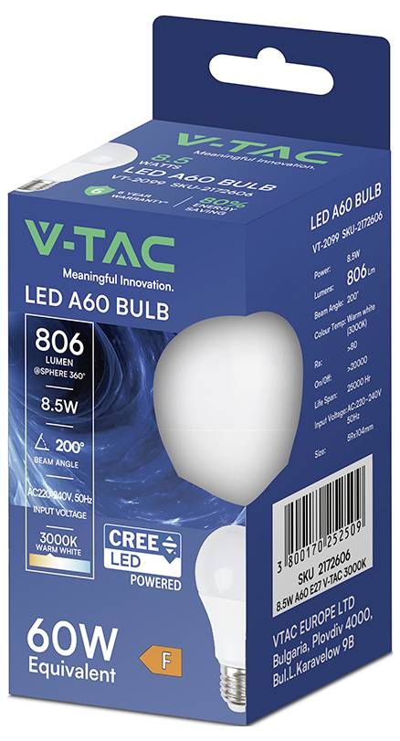 Scatola al dettaglio della lampadina LED A60 V-TAC blu, che mostra una lampadina bianca calda 3000K da 8,5W, 806 lumen, equivalente a 60W con etichetta alimentata da LED CREE.