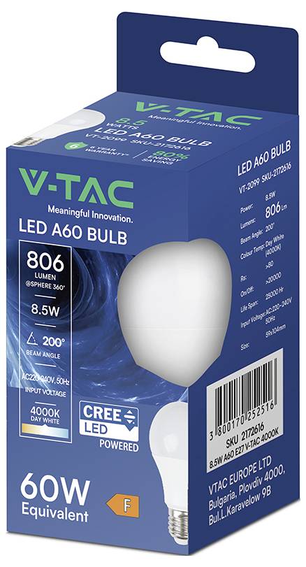Confezione per una lampadina LED V-TAC A60, che mostra l'equivalente a 60W, 806 lumen, 8,5W, bianco luce naturale 4000K, alimentata da LED CREE, e codice a barre del prodotto.