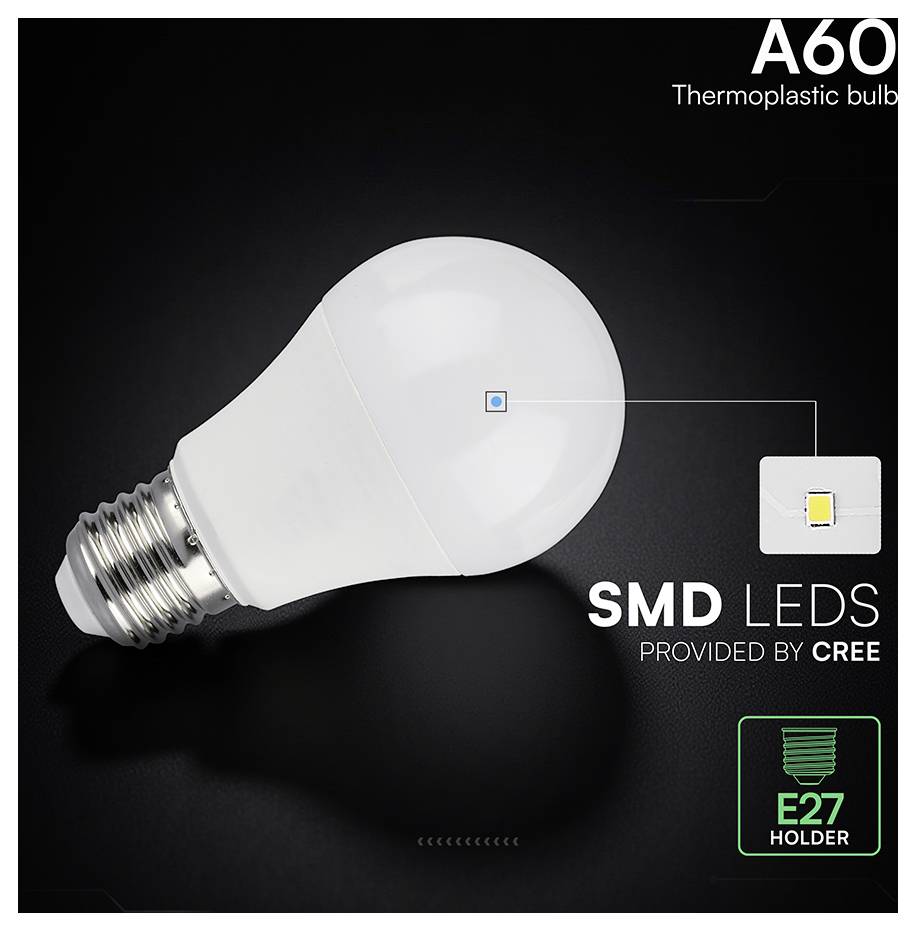 Una lampadina LED termoplastica A60 con portalampada E27, etichettata 'LED SMD forniti da CREE'.