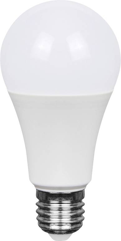 Una lampadina LED bianca con cupola smerigliata e base a vite argento su uno sfondo semplice.