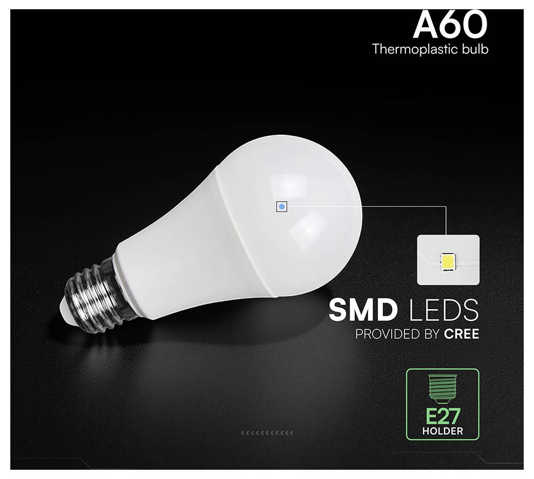 Immagine del prodotto di una lampadina LED A60 in termoplastica con base a vite, etichettata "LED SMD forniti da CREE" e "portalampada E27".