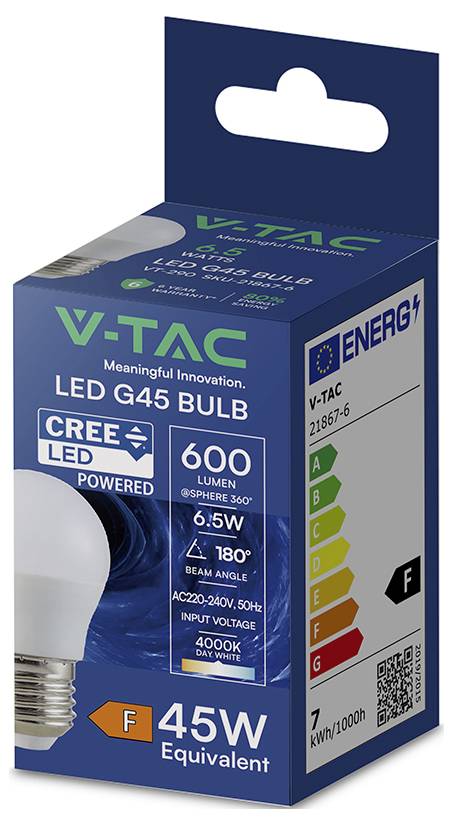 Scatola della lampadina LED V-TAC G45 che mostra una lampadina da 0,5W, 600 lumen con equivalente 45W, angolo di fascio di 180°, classe energetica F e attacco E27.