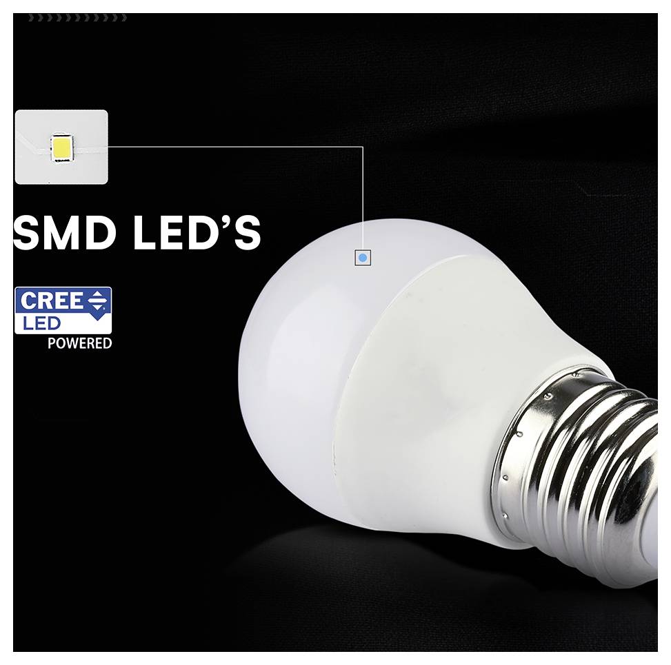 Immagine del prodotto di una lampadina LED etichettata "SMD LED'S" e "alimentata da CREE LED", con un piccolo inserto che mostra il chip LED.