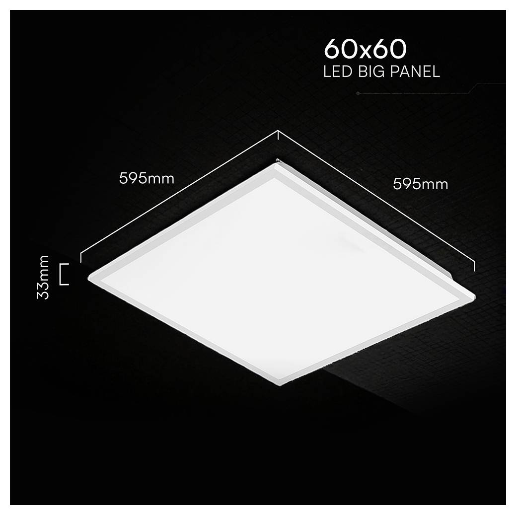 Pannello LED 60x60 di grandi dimensioni mostrato come plafoniera quadrata bianca da soffitto, con dimensioni indicate di 595mm per 595mm e spessore di 33mm.