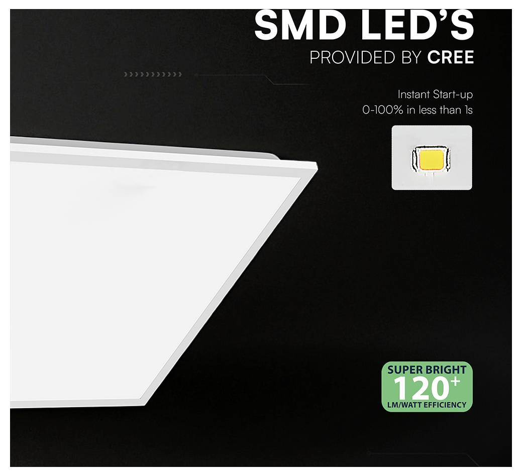 Annuncio pubblicitario per luci LED SMD di CREE, che mostra un elegante pannello luminoso bianco con testo che evidenzia l'avviamento istantaneo, 0-100% in meno di 1 secondo, e un'efficienza super luminosa di 120+ lm/watt.