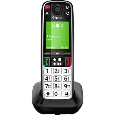 Telefono cordless Gigaset su base di ricarica, che mostra la schermata di chiamata in arrivo per 'Bergmann, Maria' con le opzioni di risposta e rifiuto.