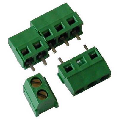 Morsettiere/connettori PCB verdi mostrati in diverse dimensioni, con punti di connessione a vite e a spinotto