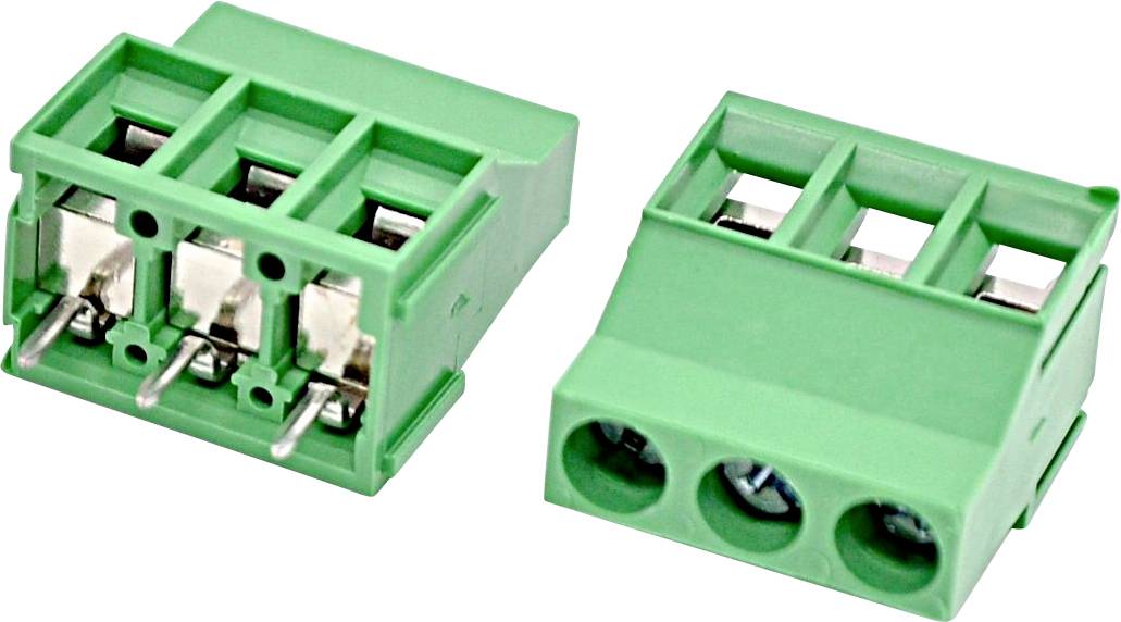 Due connettori a blocco di morsetti a vite a 3 posizioni di colore verde, mostrati da vista frontale e da vista laterale angolata, con morsetti metallici per fili visibili.
