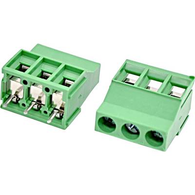 Due connettori a blocco di morsetti a vite a 3 posizioni di colore verde, mostrati da vista frontale e da vista laterale angolata, con morsetti metallici per fili visibili.