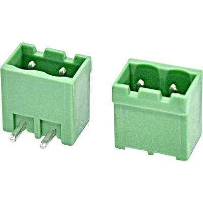 Due connettori a morsettiera verde a due poli, mostrati da viste frontali angolate e laterali su sfondo bianco.