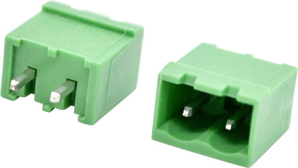 Due connettori elettrici verdi a 2 poli, mostrati da davanti e dietro su uno sfondo bianco.