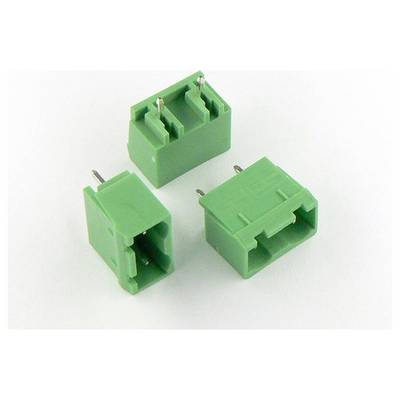 Tre morsettiere a vite verdi con 2 pin mostrate su uno sfondo bianco, con i pin metallici visibili.