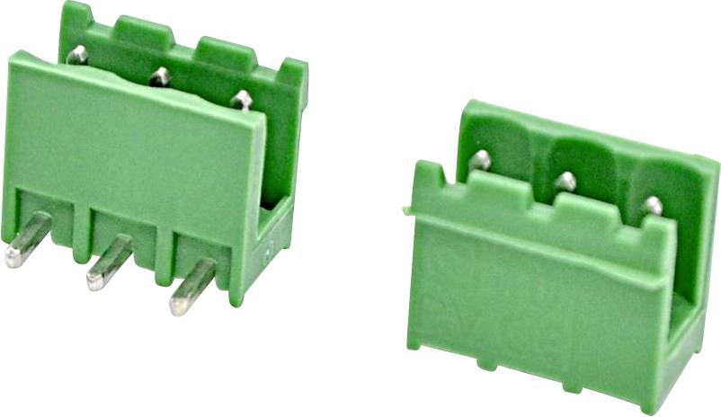 Connettore morsettiera PCB a 4 pin verde, mostrato da angolazioni superiore e frontale su uno sfondo bianco.