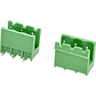 Connettore morsettiera PCB a 4 pin verde, mostrato da angolazioni superiore e frontale su uno sfondo bianco.