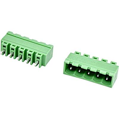 Due blocchetti di connessione con morsetti a vite di colore verde mostrati da viste frontali e laterali, con cinque slot per cavi ciascuno.