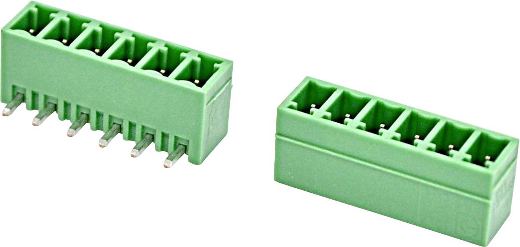 Due connettori a morsettiera removibili di colore verde, uno angolato e uno diritto, mostrati su uno sfondo bianco.