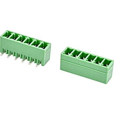 Due connettori a morsettiera removibili di colore verde, uno angolato e uno diritto, mostrati su uno sfondo bianco.