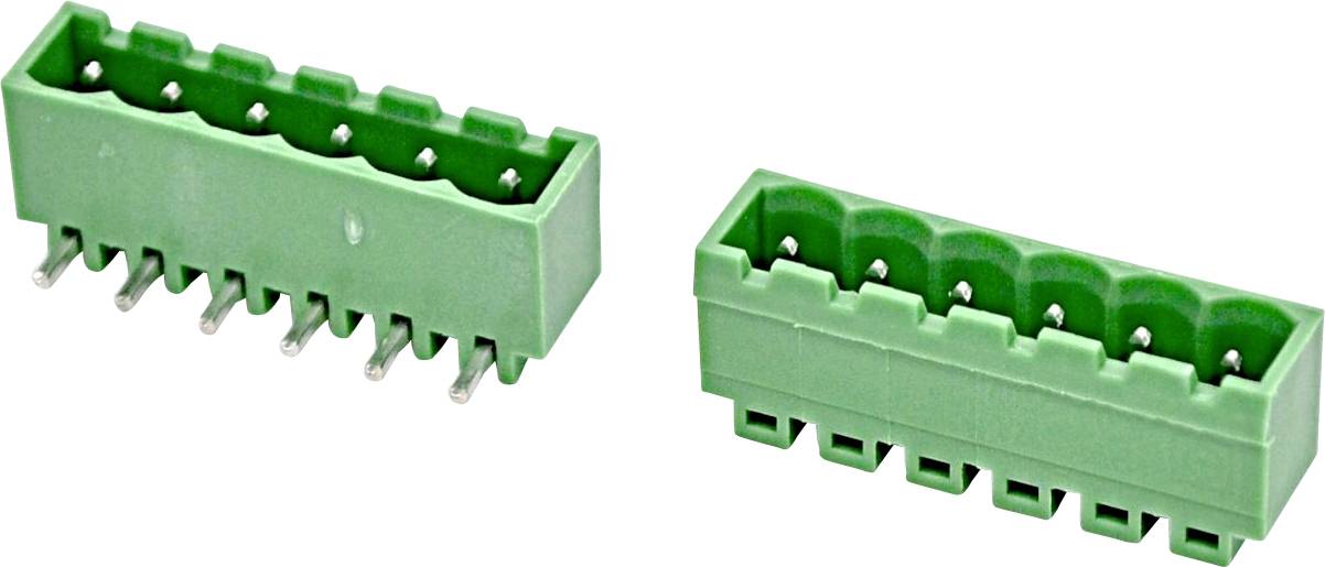 Due blocchi morsettiera elettrici rettangolari di colore verde con più prese a spillo, mostrati su uno sfondo bianco.