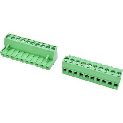 Due connettori terminali a filo verde a 5 pin mostrati su uno sfondo bianco, uno inclinato a sinistra e uno inclinato a destra.