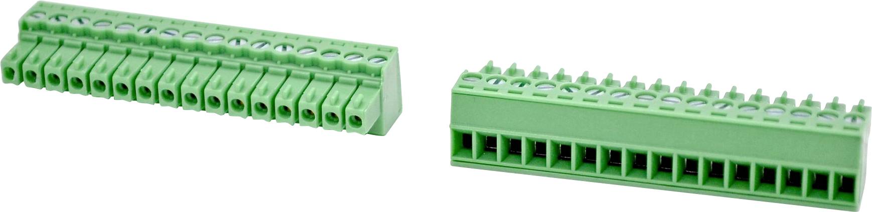 Due blocchi di connettori a morsettiera verde mostrati su uno sfondo bianco, uno inclinato a sinistra e uno rivolto in avanti, con più porte per i fili.