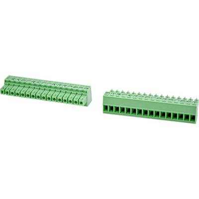 Due blocchi di connettori a morsettiera verde mostrati su uno sfondo bianco, uno inclinato a sinistra e uno rivolto in avanti, con più porte per i fili.