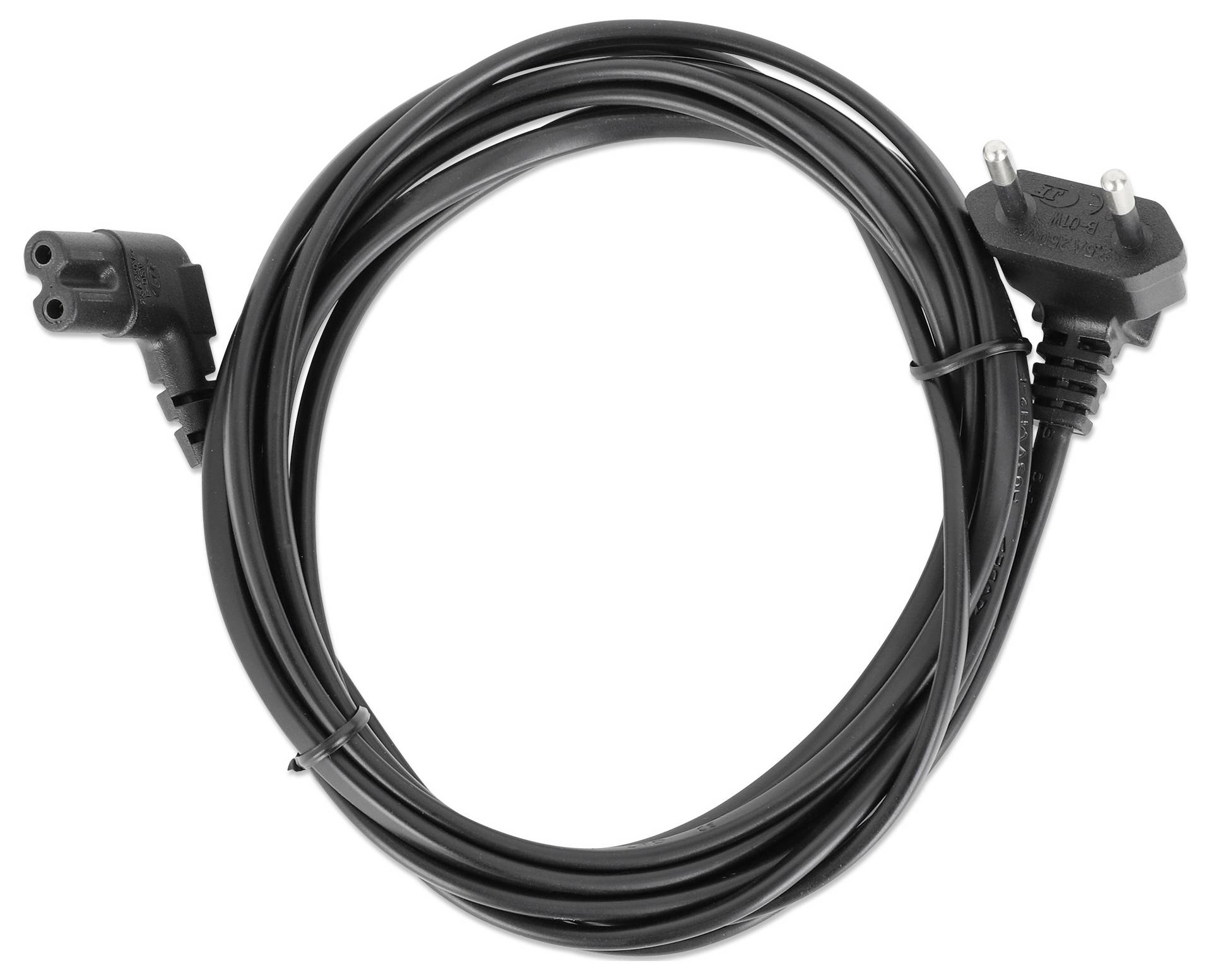 Cavo di alimentazione nero con spina a due poli da un lato e connettore a forma di otto dall'altro, arrotolato su sfondo bianco.