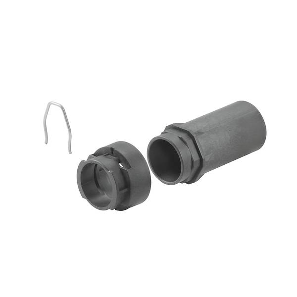 Connettore in plastica nera smontato in due parti cilindriche con una piccola clip di ritenzione in metallo su sfondo bianco