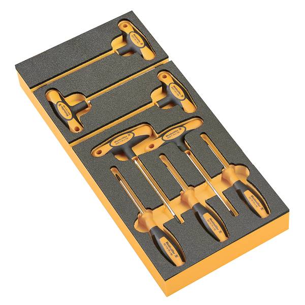 Vassoio in schiuma che contiene una serie di cacciaviti T-handle arancioni e neri e attrezzi esagonali, organizzati in ritagli per un kit di attrezzi.