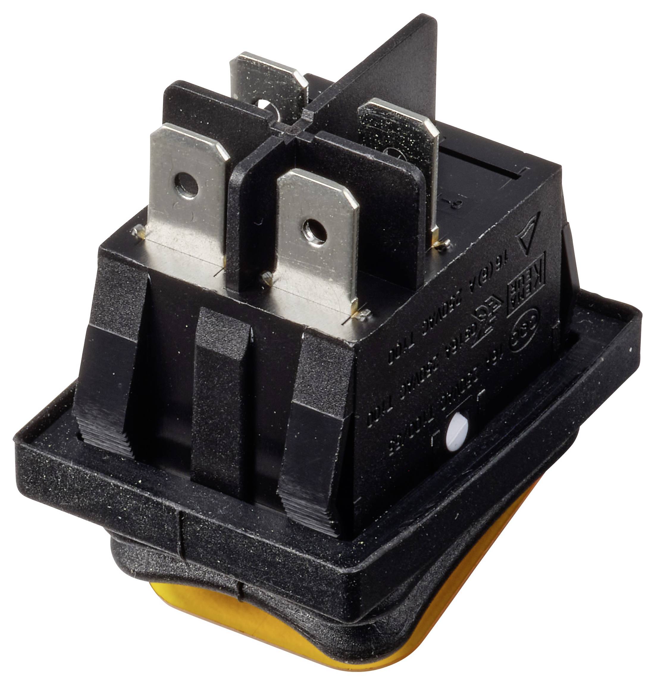 Interruttore a bascula elettrico nero con quattro linguette terminali in metallo e base attuatore gialla, mostrato su sfondo bianco.