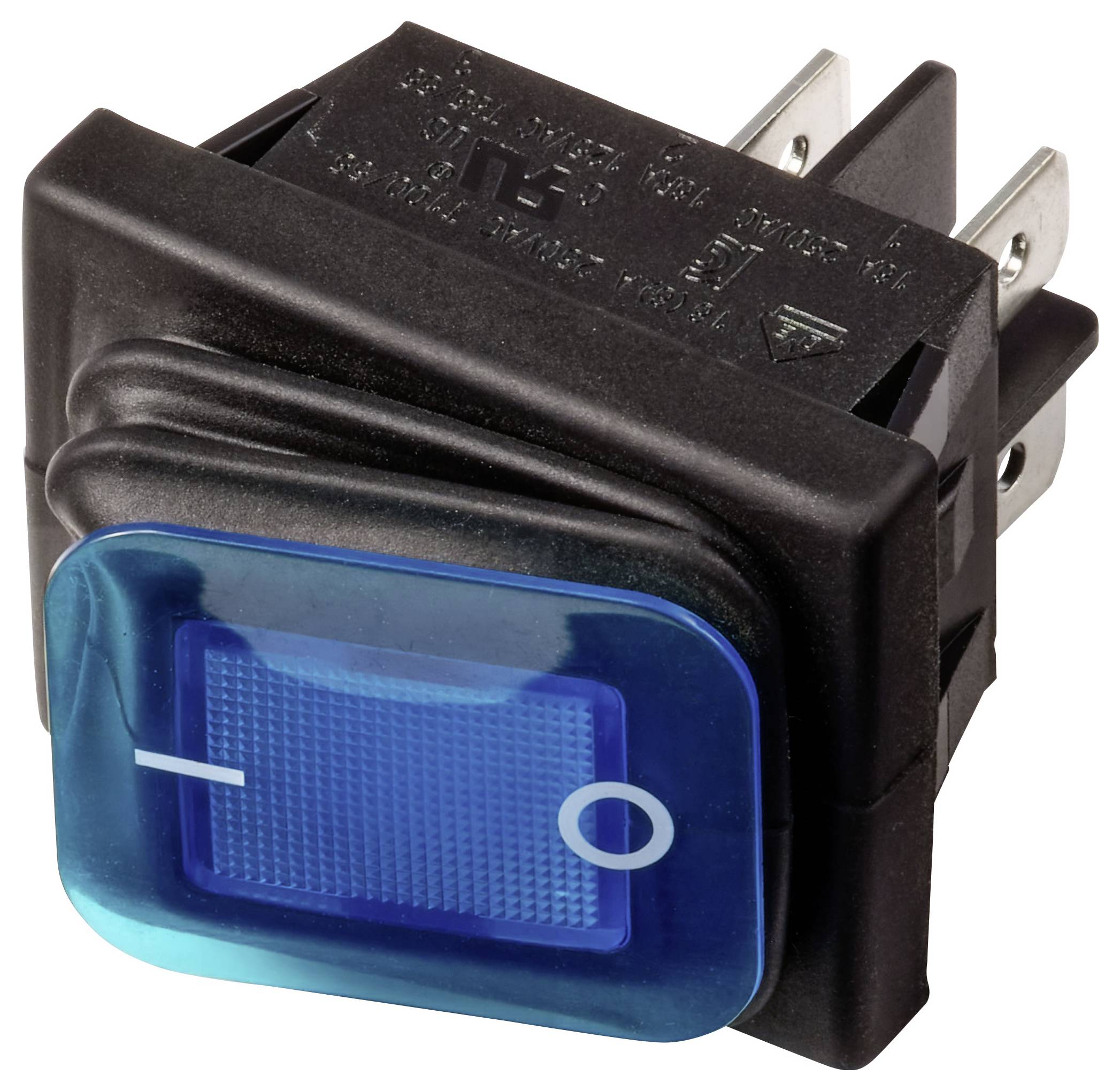 Interruttore a bilanciere nero per amplificatori con faccia trasparente blu 'I/O' e spinotti in metallo, mostrato su sfondo bianco.