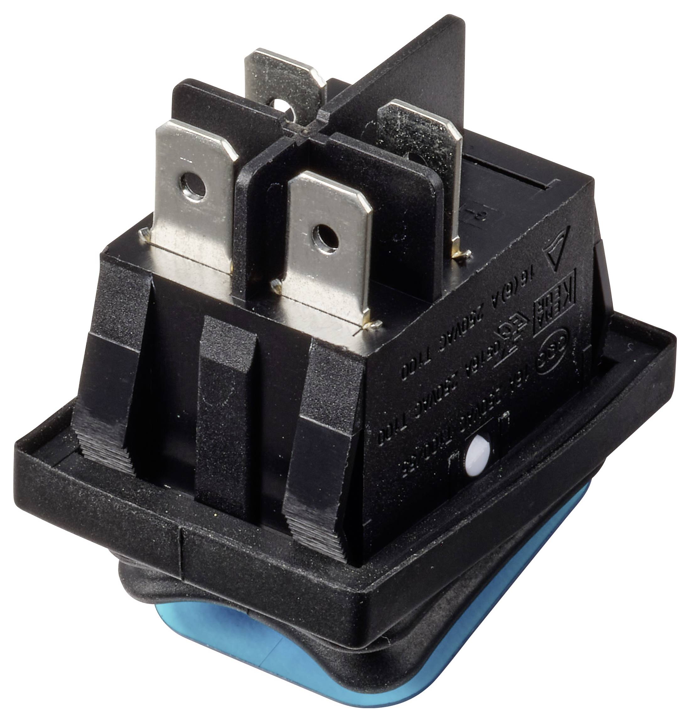 Interruttore a bilanciere rettangolare nero con terminali in metallo e base blu, mostrato su uno sfondo bianco.