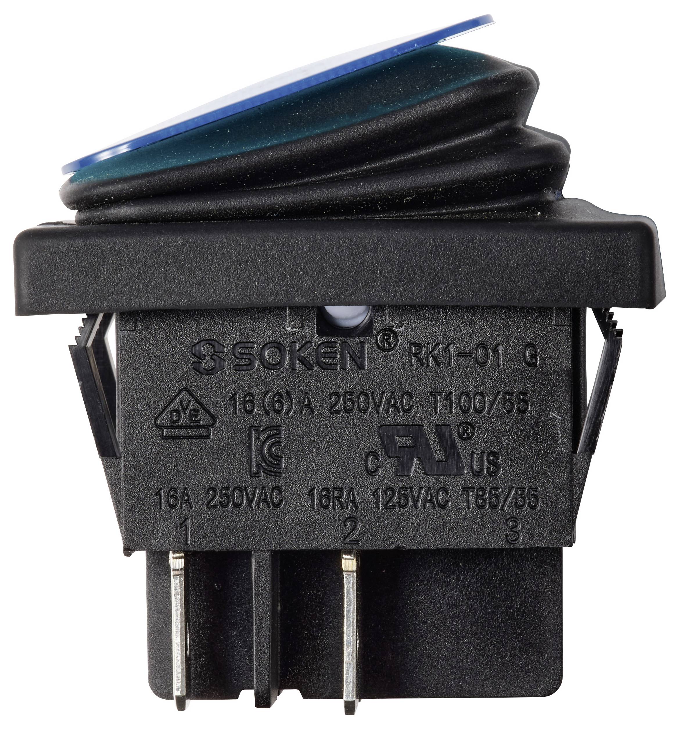 Interruttore a levetta SOKEN RK1-01C nero con lente blu, tre terminali in metallo e marcature di classificazione elettrica visibili.