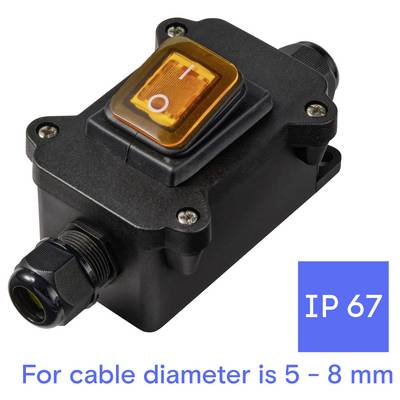 Interruttore inline impermeabile nero con bilanciere I/O arancione, etichettato IP67 e per diametro cavo 5–8 mm.