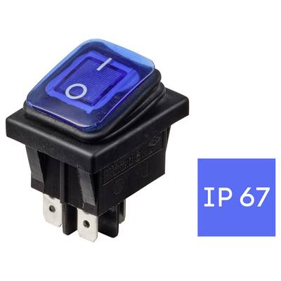 Interruttore a bilanciere illuminato blu etichettato 'IP67' per la classificazione impermeabile/antipolvere.