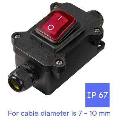 Interruttore a bilanciere nero impermeabile inline con leva rossa di accensione/spegnimento, etichettato IP67, per diametro cavo 7–10 mm.