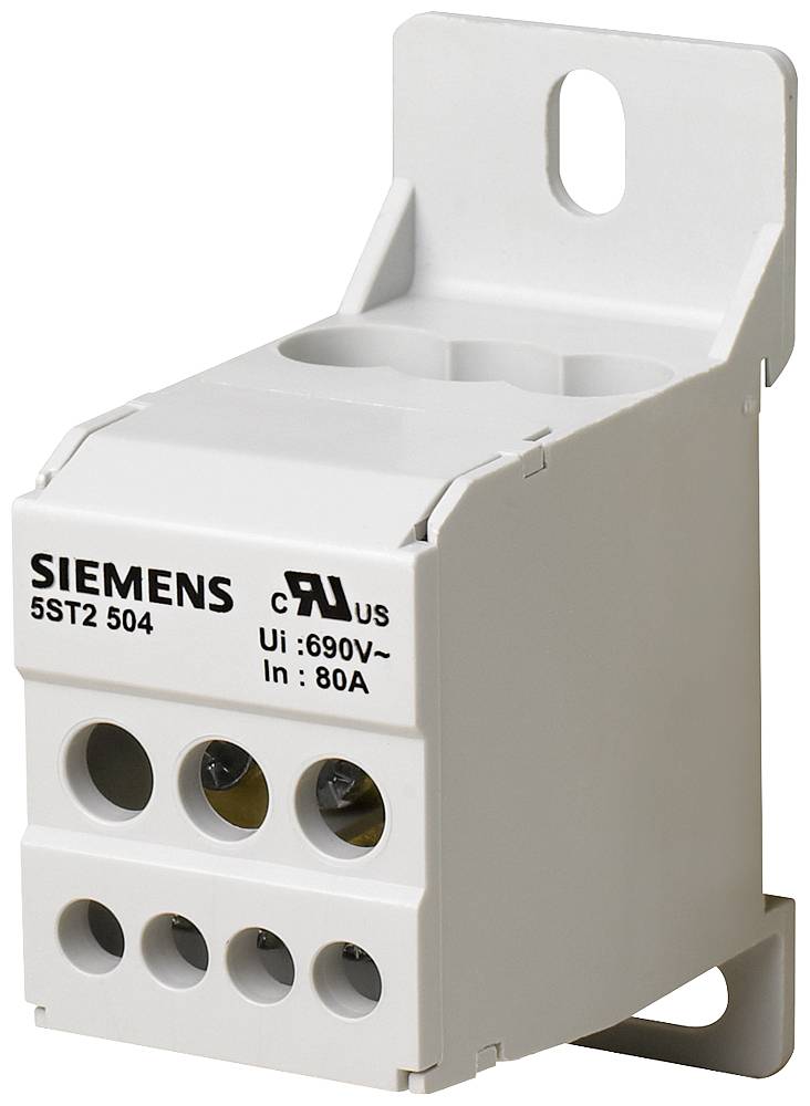 Componente morsettiera elettrica Siemens di colore bianco con staffa di montaggio e tre morsetti frontali per i fili, etichettato '5ST2 504', 'Ui: 690V', 'In: 80A'.
