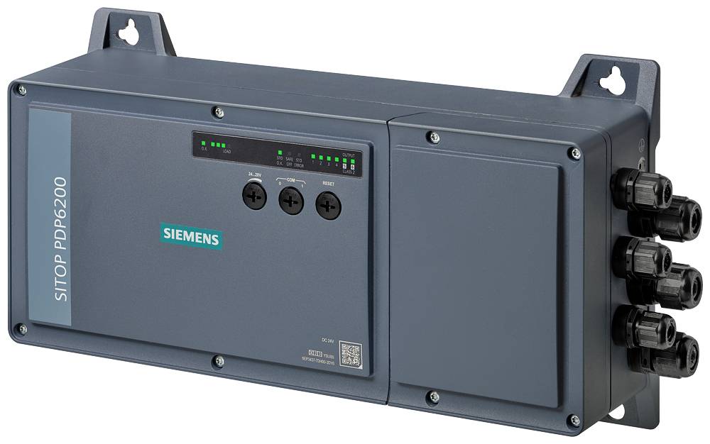 Unità di alimentazione industriale Siemens SITOP PBF6200 con LED di stato, tre manopole di regolazione e connettori via cavo sul lato destro.