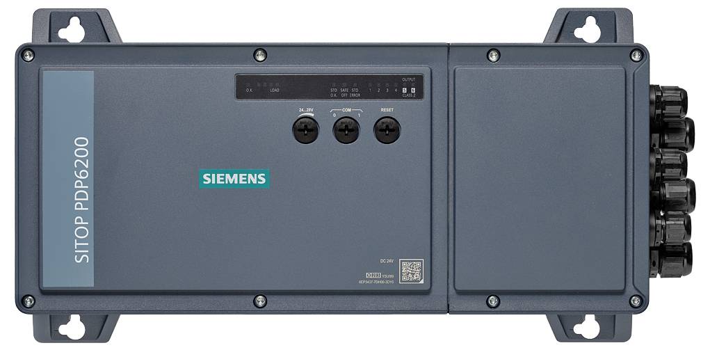 Unità di alimentazione industriale Siemens SITOP PPD6200 con staffe di montaggio e molteplici connettori per cavi laterali.