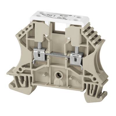Blocco terminale DIN rail color beige con etichetta superiore bianca e due morsetti di serraggio a vite metallici per connessioni di cablaggio.